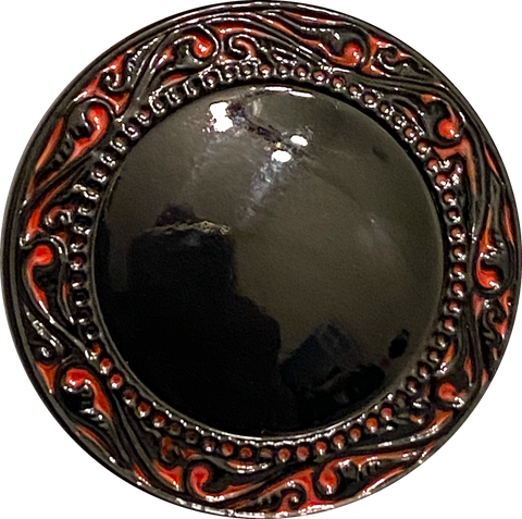 Black with Red Paisleys Border Large Czech Glass Button 27mm 1-1/16"  #CZ-214