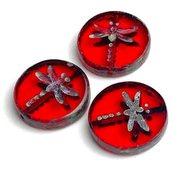 Red Dragonfly Czech Glass 11/16" 17mm Round Beads PACK OF 3,   # L-362