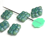 Re-Stocked, TEN Turquoise-Blue-Green + Silver Flower Square Beads, Czech Glass 3/8" 9mm # L-246