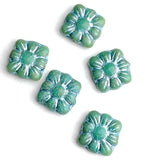 Re-Stocked, TEN Turquoise-Blue-Green + Silver Flower Square Beads, Czech Glass 3/8" 9mm # L-246
