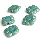 Re-Stocked, TEN Turquoise-Blue-Green + Silver Flower Square Beads, Czech Glass 3/8" 9mm # L-246