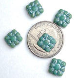 Re-Stocked, TEN Turquoise-Blue-Green + Silver Flower Square Beads, Czech Glass 3/8" 9mm # L-246