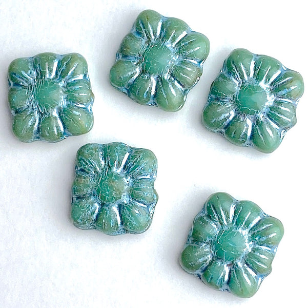 Re-Stocked, TEN Turquoise-Blue-Green + Silver Flower Square Beads, Czech Glass 3/8" 9mm # L-246
