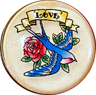 SALE, Tattoo Love Bluebird Rose, Clear Shine Domed Acrylic Shank Back Button 1"  # SK-2031