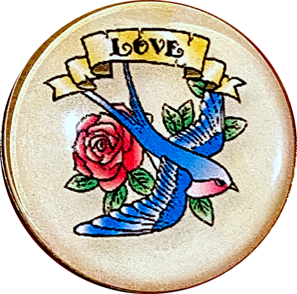 SALE, Tattoo Love Bluebird Rose, Clear Shine Domed Acrylic Shank Back Button 1"  # SK-2031