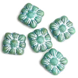 Re-Stocked, TEN Turquoise-Blue-Green + Silver Flower Square Beads, Czech Glass 3/8" 9mm # L-246