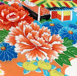 Sale, Coral/Blue Vintage Kimono Silk Crepe Print from Japan, Piece 14" x 55" #ZP-14