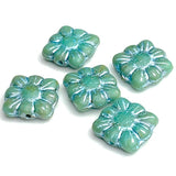 Re-Stocked, TEN Turquoise-Blue-Green + Silver Flower Square Beads, Czech Glass 3/8" 9mm # L-246