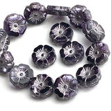 Re-Stocked, Dark Purple Czech Glass Hibiscus Flower Beads, 1/2" Pack of 12 Beads / 12mm # L-009