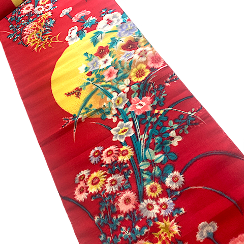Full Moon Flowers, Vintage Meisen Kimono Silk Pieces, 13" x 54" from Japan # ZP-39