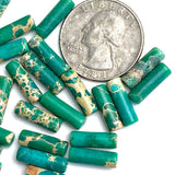 Re-Stocked, Green/Taupe Imperial Jasper Cylinder Beads, 13mm x 4mm, 1/2" Long, Strand of 25 Beads/nd of  #LP-40