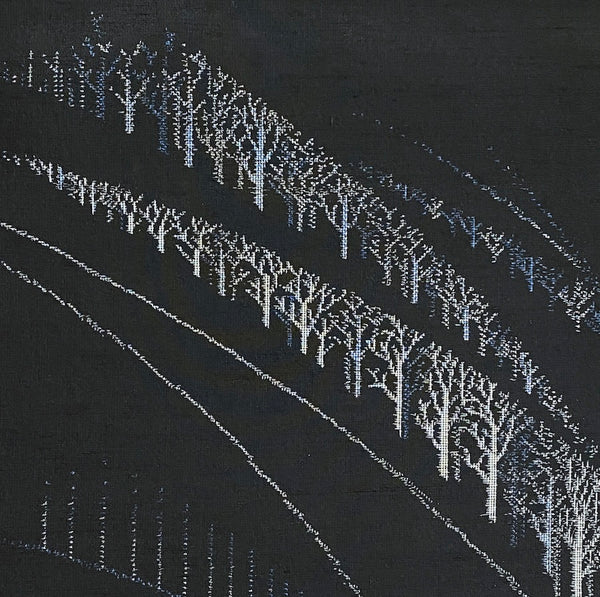 Blue/White Trees and Hills on Black, Dupioni-Like Vintage Kimono Silk Ikat from Japan By the Yard #308