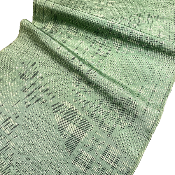 Green Faux Patchwork Ikat Sampler Vintage Kimono Tsumugi Pongee Silk Pieces 14" x 61" from Japan # ZP-40