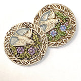Bird Flying with Flowers, Hand Painted Art Stone Button by Susan Clarke 1.5" #SC-1077