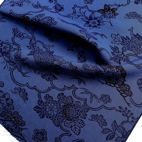 Indigo/Navy Sarasa Traditional Floral Vintage Kimono Silk Chirimen Crepe 14" x 40"  #KK-170