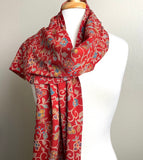 Deep Red Swirls and Fantasy Flowers Traditional Vintage Kimono Polyester Chirimen Crepe 14" x 61"  #KK-171