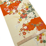 Orange and Ivory Yuzen Silk Print, Vintage Kimono Chirimen Crepe from Japan 14" x 61"  #KK-172