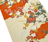 Orange and Ivory Yuzen Silk Print, Vintage Kimono Chirimen Crepe from Japan 14" x 61"  #KK-172