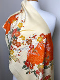 Orange and Ivory Yuzen Silk Print, Vintage Kimono Chirimen Crepe from Japan 14" x 61"  #KK-172