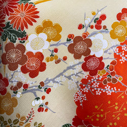 Orange and Ivory Yuzen Silk Print, Vintage Kimono Chirimen Crepe from Japan 14" x 61"  #KK-172