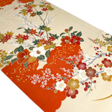 Orange and Ivory Yuzen Silk Print, Vintage Kimono Chirimen Crepe from Japan 14" x 61"  #KK-172
