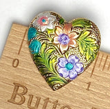 Running Low, Heart w. Handpainted Flowers Metal Shank Back Button, 1" by Susan Clarke  #SC-120