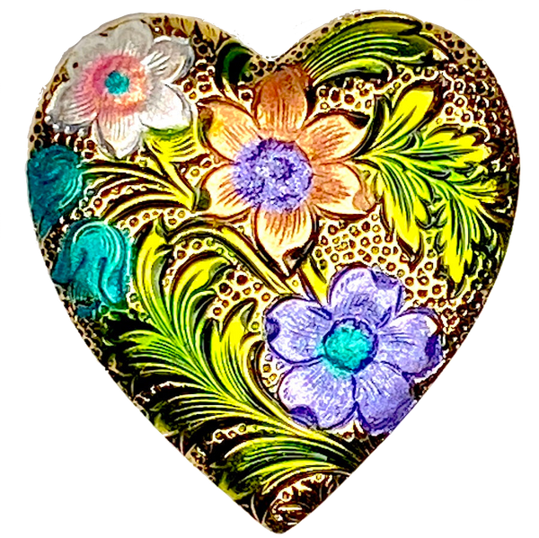 Running Low, Engraved Heart w. Hand Painted Flowers Metal Shank Back Button, 1" by Susan Clarke  #SC-120