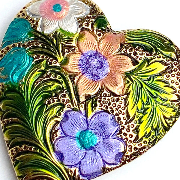SALE Engraved Heart w. Hand Painted Flowers Metal Shank Back Button, 1" by Susan Clarke  #SC-120