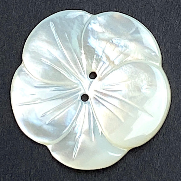Running Low, Large White Pearl Shell Flower with Etched Detail, 2-Hole Button, 1-1/8" / 28mm #LP-106