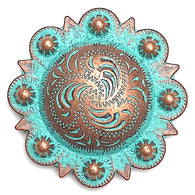 Running Low, Copper/Green Patina Telluride Pico Berry Engraved Concho 1.5" Screwback  #SWM-32