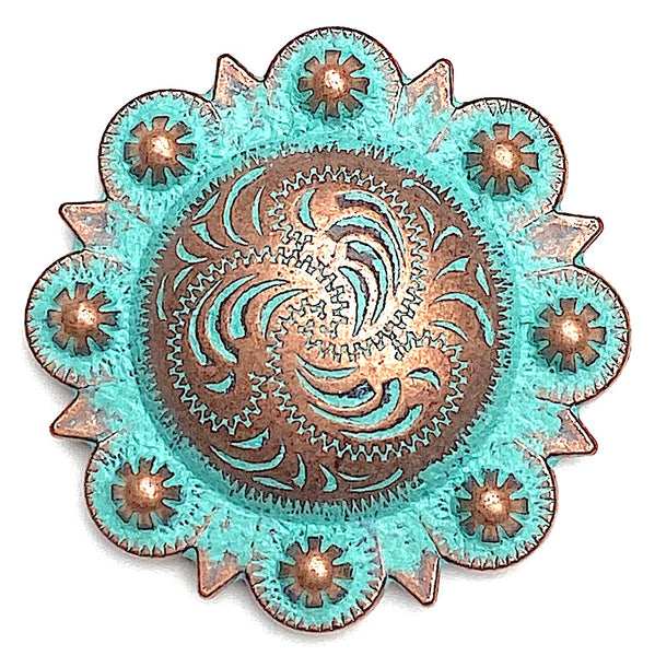 Running Low, Copper/Green Patina Telluride Pico Berry Engraved Concho 1.5" Screwback  #SWM-32