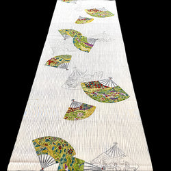 Greens/Teal/Gold Fans Vintage Silk Crepe Print, Kimono Pieces from Japan 14"x 123"  #259