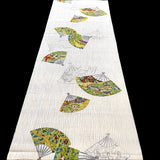 Greens/Teal/Gold Fans Vintage Silk Crepe Print, Kimono Pieces from Japan 14"x 123"  #259