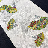 Greens/Teal/Gold Fans Vintage Silk Crepe Print, Kimono Pieces from Japan 14"x 123"  #259