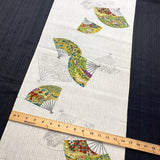 Greens/Teal/Gold Fans Vintage Silk Crepe Print, Kimono Pieces from Japan 14"x 123"  #259