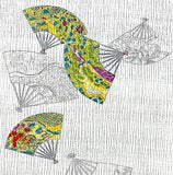 Greens/Teal/Gold Fans Vintage Silk Crepe Print, Kimono Pieces from Japan 14"x 123"  #259