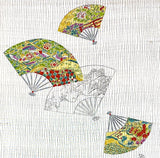 Greens/Teal/Gold Fans Vintage Silk Crepe Print, Kimono Pieces from Japan 14"x 123"  #259