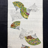 Greens/Teal/Gold Fans Vintage Silk Crepe Print, Kimono Pieces from Japan 14"x 123"  #259