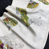 Greens/Teal/Gold Fans Vintage Silk Crepe Print, Kimono Pieces from Japan 14"x 123"  #259