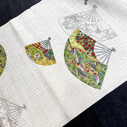 Sale, Greens/Teal/Gold Fans Vintage Silk Crepe Print, Kimono Pieces from Japan 14"x 63"  #2597