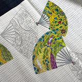 Greens/Teal/Gold Fans Vintage Silk Crepe Print, Kimono Pieces from Japan 14"x 123"  #259