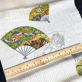 Greens/Teal/Gold Fans Vintage Silk Crepe Print, Kimono Pieces from Japan 14"x 123"  #259
