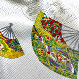 Greens/Teal/Gold Fans Vintage Silk Crepe Print, Kimono Pieces from Japan 14"x 123"  #259