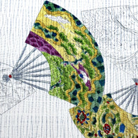 SALE Greens/Teal/Gold Fans Vintage Silk Crepe Print, Kimono Pieces from Japan 3.4 Yard Piece  #2597