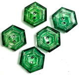 Green Hand-Painted Hexagon Scoop Glass 2-Hole Button 5/8"  Pack of 5  #OT-130