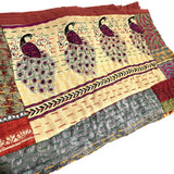 DEEPER SALE Sari Kantha - Peacocks, Shiny Prints with Rust Back, Hand Stitched Patchwork Quilt/Throw 38" x 58" #KN-19