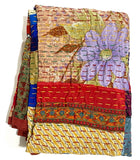 DEEPER SALE Sari Kantha - Peacocks, Shiny Prints with Rust Back, Hand Stitched Patchwork Quilt/Throw 38" x 58" #KN-19