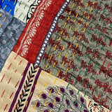 DEEPER SALE Sari Kantha - Peacocks, Shiny Prints with Rust Back, Hand Stitched Patchwork Quilt/Throw 38" x 58" #KN-19
