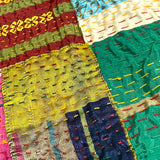 DEEPER SALE Sari Kantha - Peacocks, Shiny Prints with Rust Back, Hand Stitched Patchwork Quilt/Throw 38" x 58" #KN-19