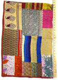 DEEPER SALE Sari Kantha - Peacocks, Shiny Prints with Rust Back, Hand Stitched Patchwork Quilt/Throw 38" x 58" #KN-19